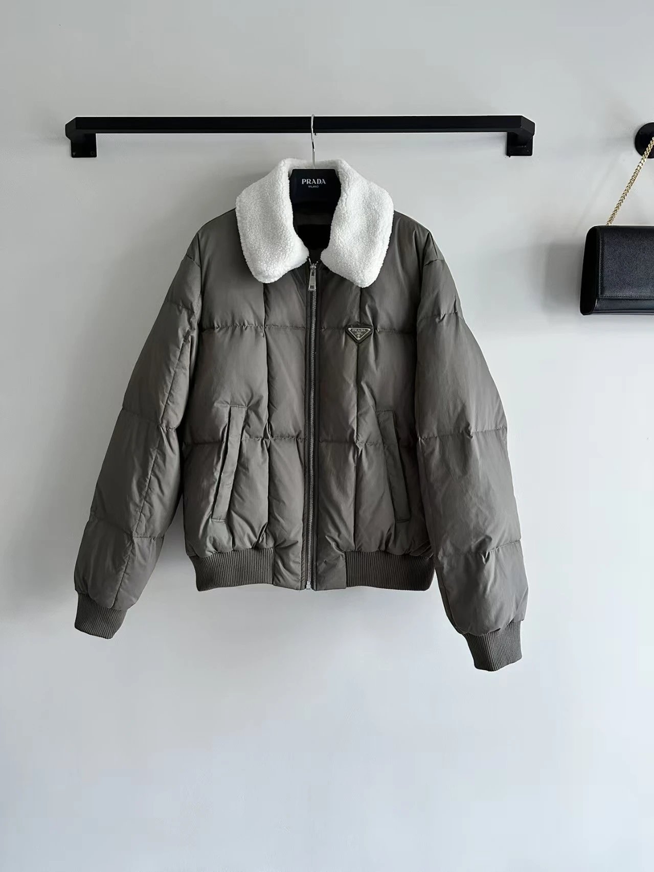 Prada Puffer Jacket Olive Green Shearling Collar Winter Coat