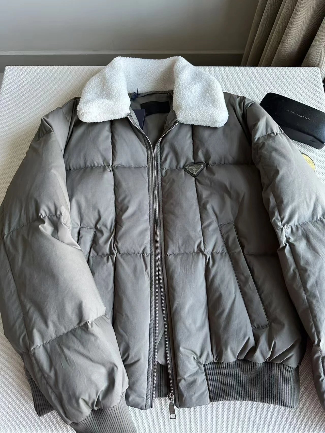 Prada Puffer Jacket Olive Green Shearling Collar Winter Coat