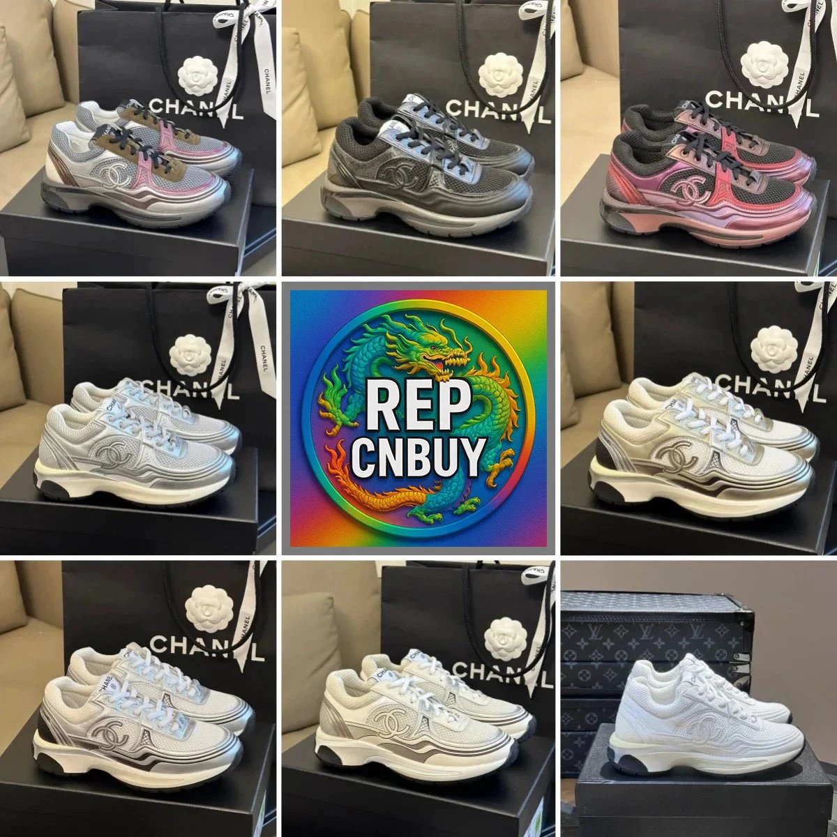 Chanel Silver and White Sneakers