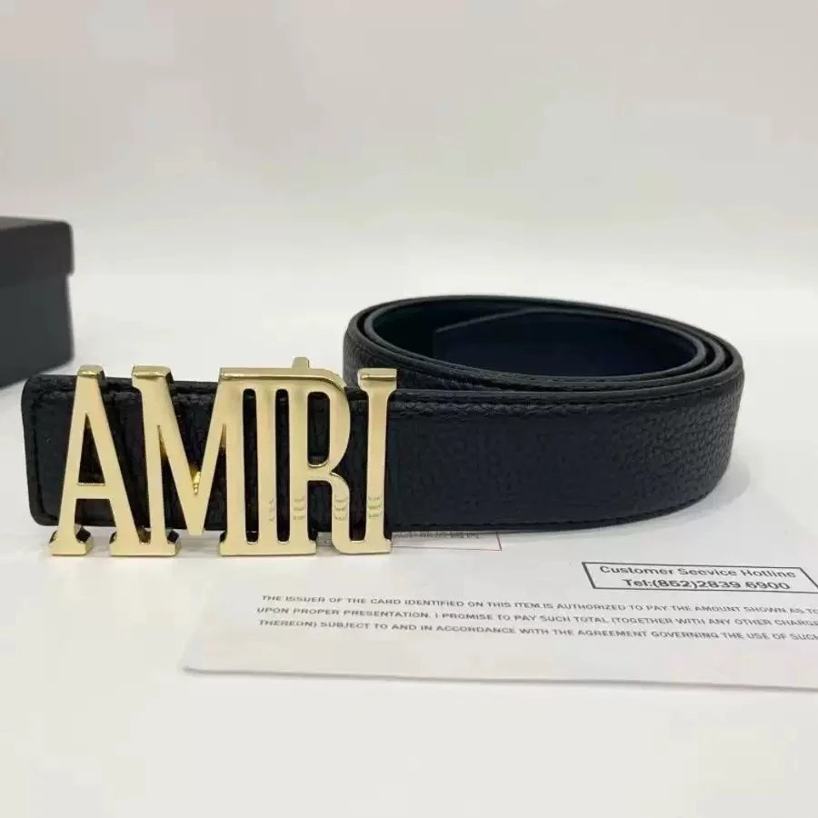 Design Logo Buckle Leather Belt Black - 3