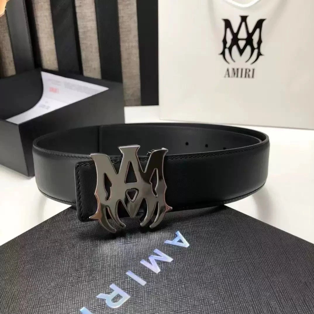 Design Logo Buckle Leather Belt Black - 5