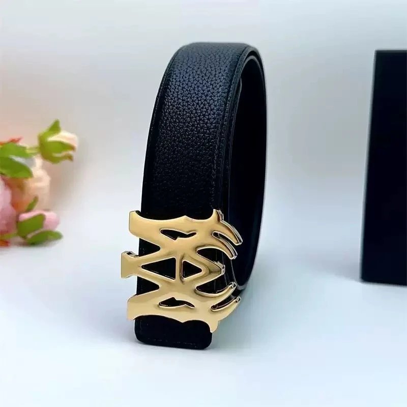 Design Logo Buckle Leather Belt Black - 4