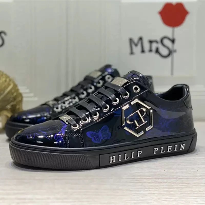 Philipp Plein Skull Embellished Blue Black Floral Print Sneakers