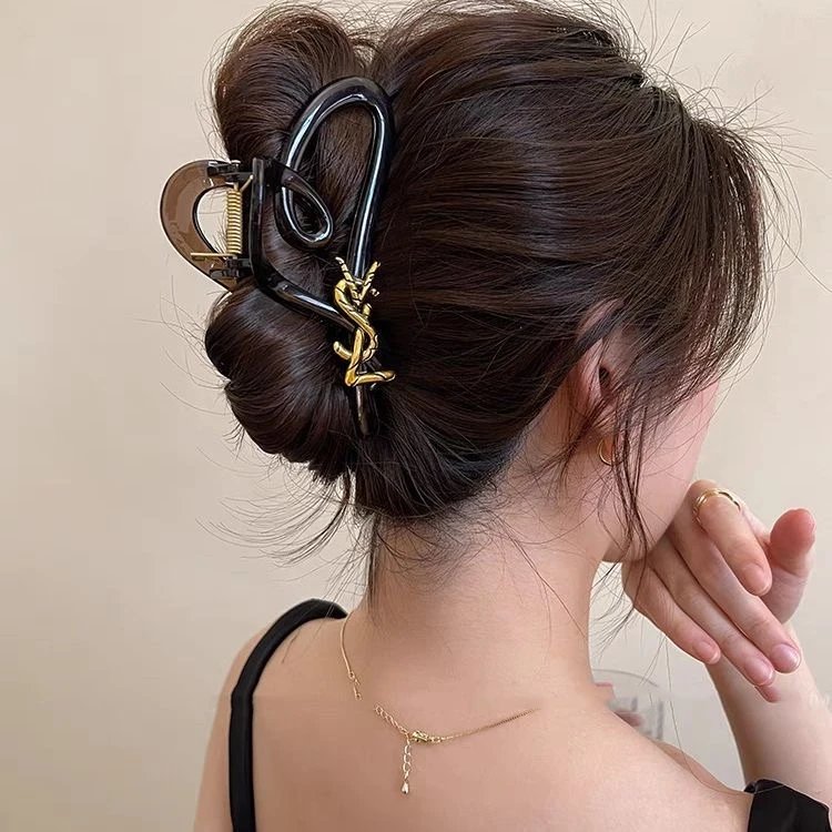 Acetate Hair Claw Clip Black Tortoiseshell Gold Knot Decorative
