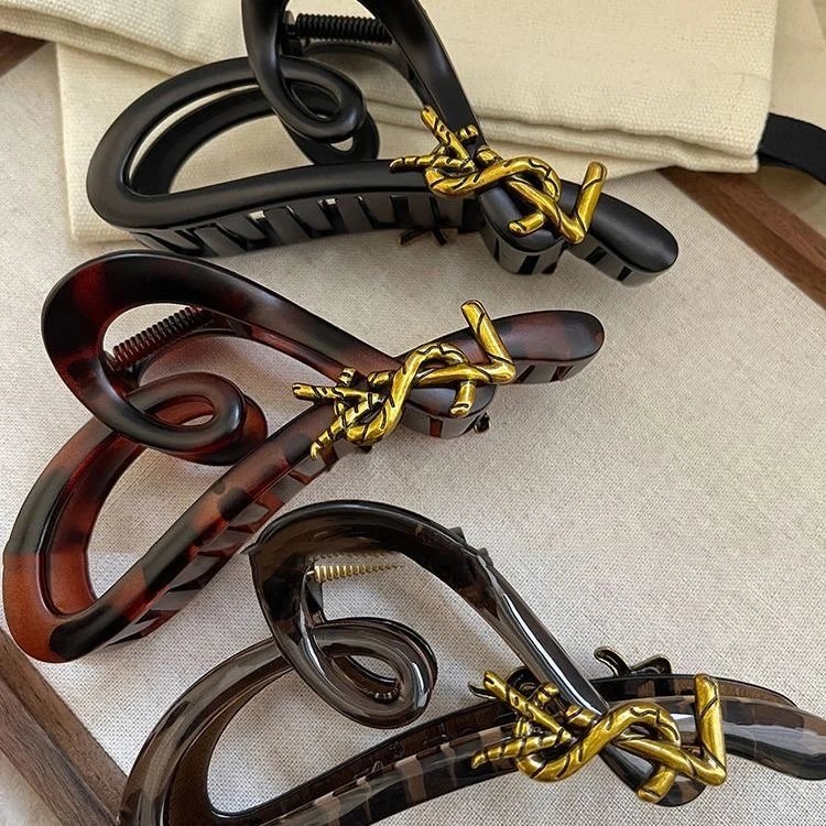 Acetate Hair Claw Clip Black Tortoiseshell Gold Knot Decorative