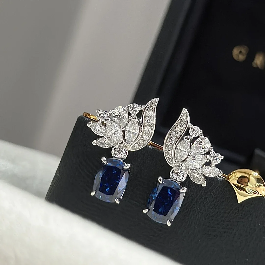 Silver Blue Sapphire Earrings with Diamond Accents