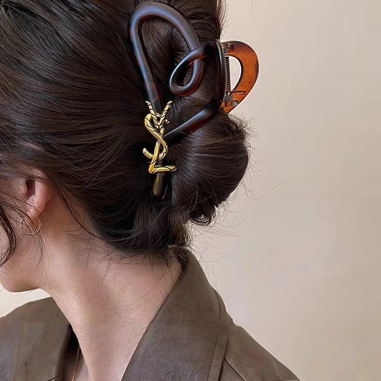 Acetate Hair Claw Clip Black Tortoiseshell Gold Knot Decorative