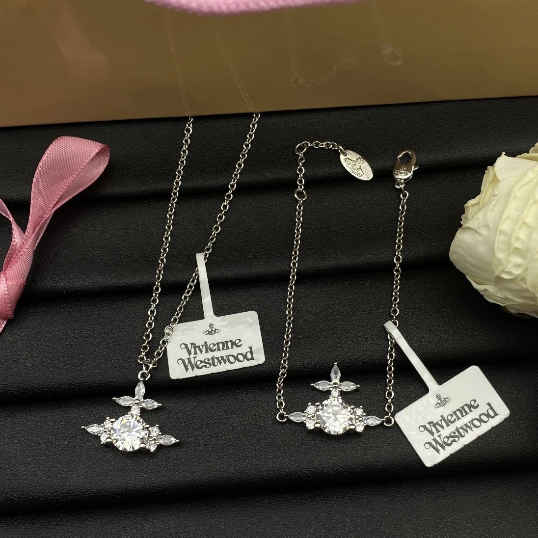 Vivienne Westwood Orb Crystal Necklace and Bracelet Set Silver Jewelry