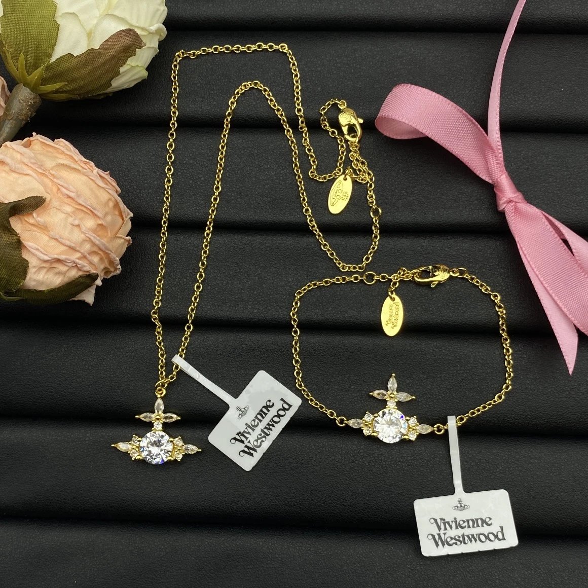 Vivienne Westwood Orb Crystal Necklace and Bracelet Set Gold Jewelry