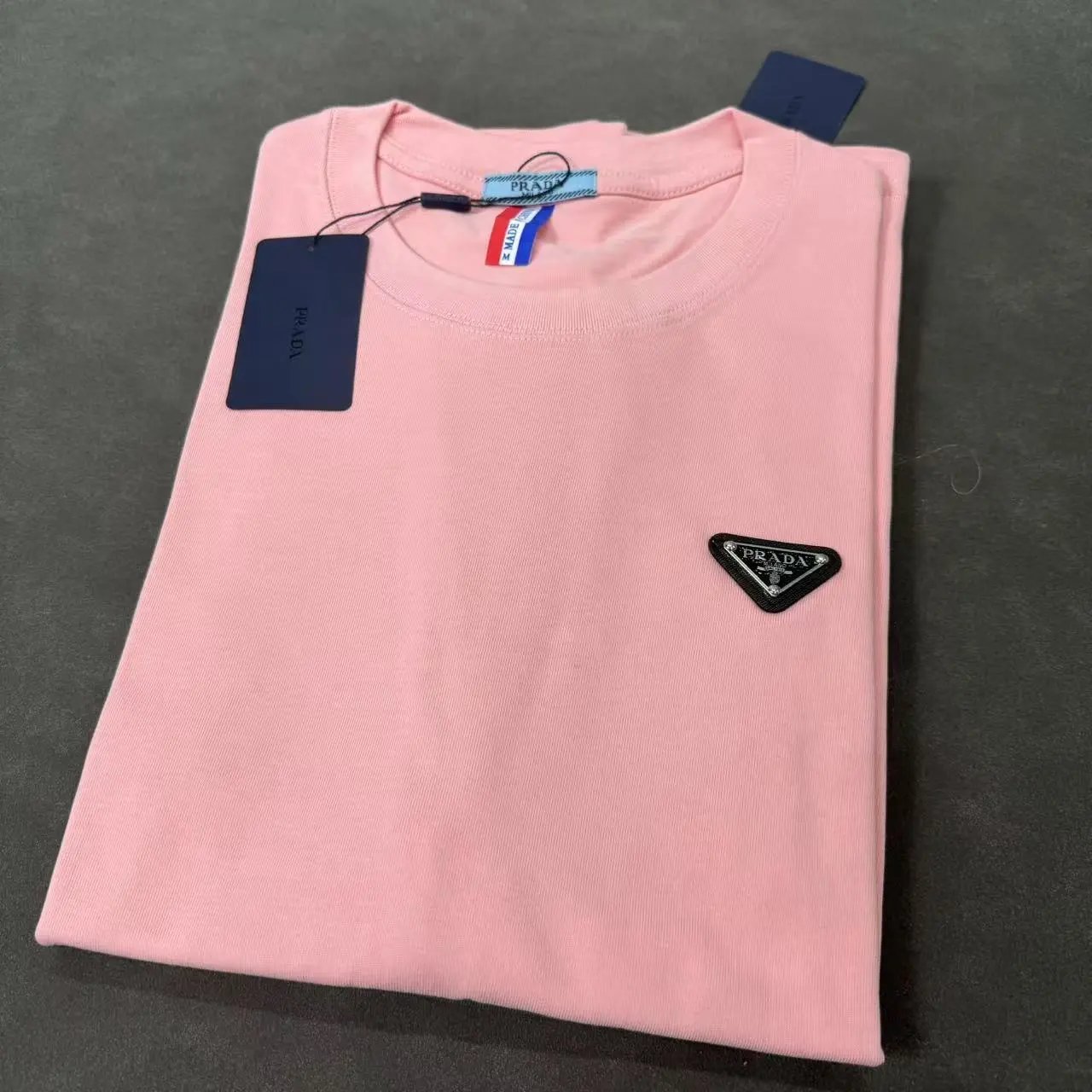 Prada T-Shirts Crew-Neck Triangle Logo T-Shirt — Style 1 Pink