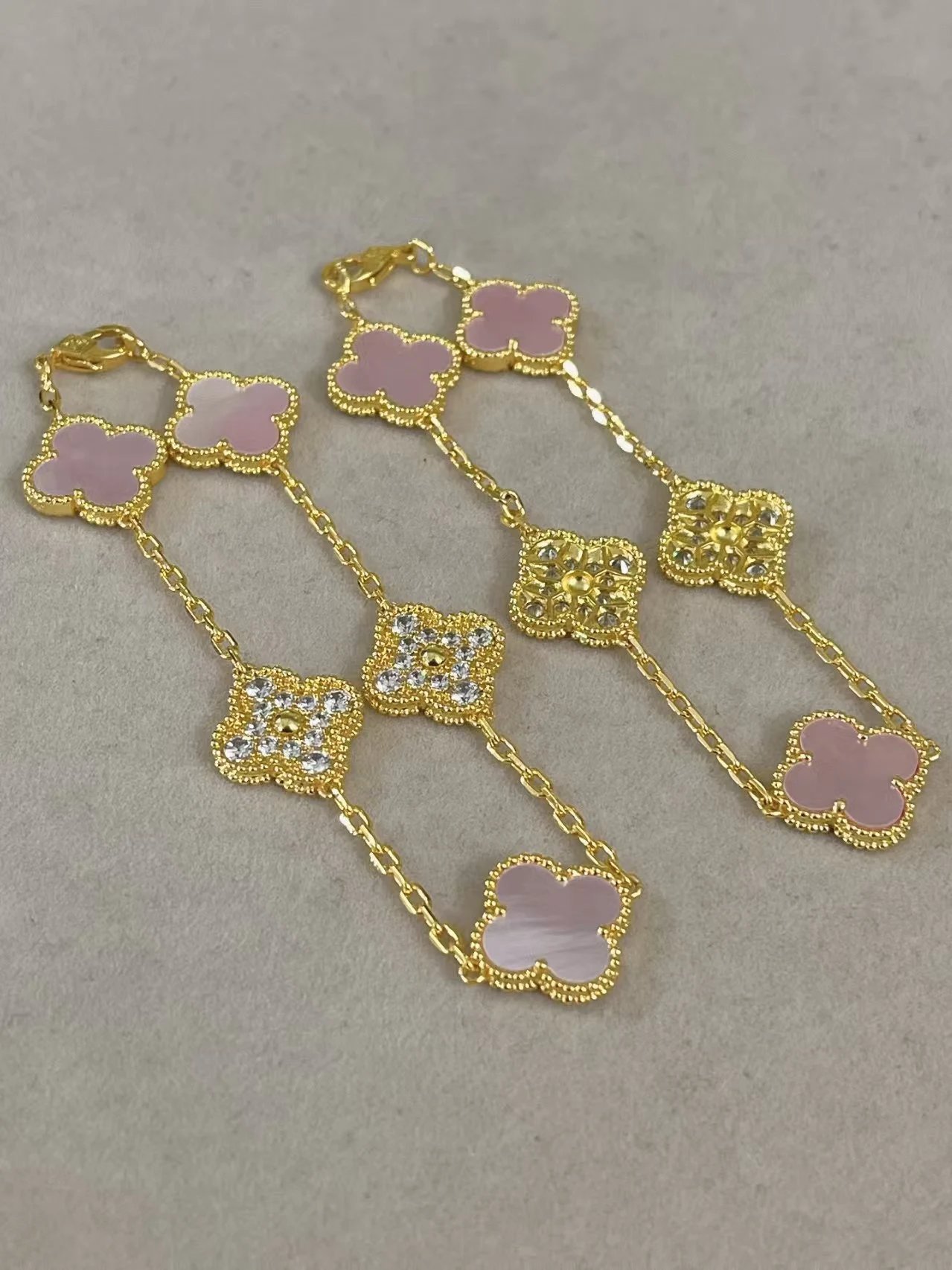 Pink Shell Five-Flower Bracelet with Diamond Beads