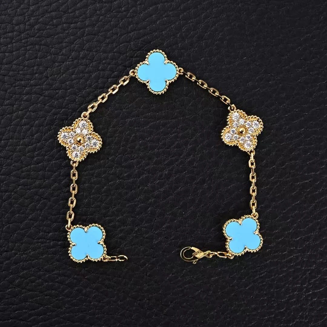 Lake Green Mother of Pearl Clover Five-Flower Bracelet with Diamond Beads