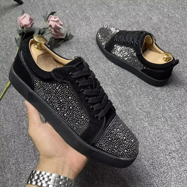 Christian Louboutin Louis Junior Crystal-Embellished Black Suede Sneakers - 1