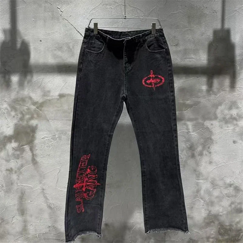 C恶牛仔复古长裤黑