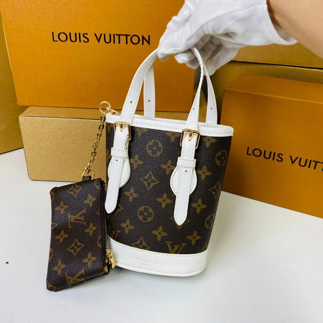 Louis Vuitton Monogram Bucket Bag with White Leather Trim and Mini Pouch Handbags