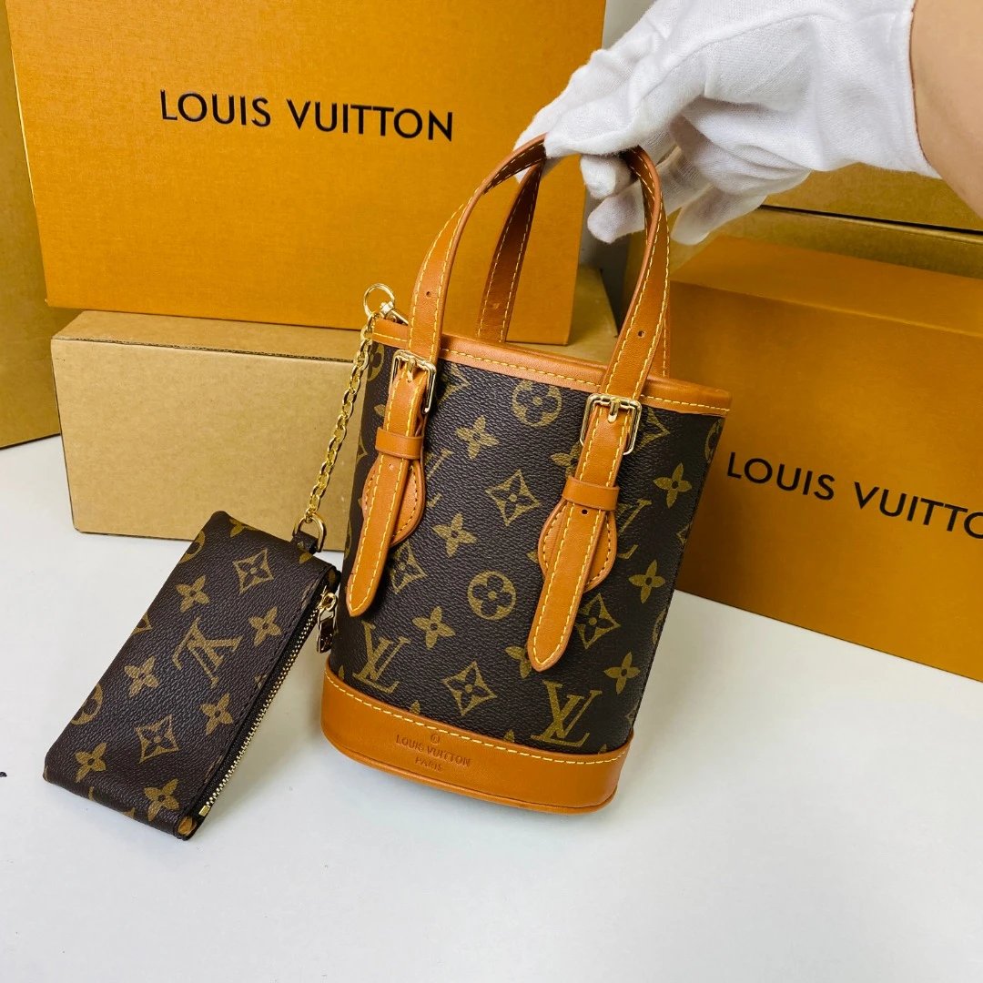 Louis Vuitton Monogram Bucket Bag with Mini Pouch in Brown and Tan Handbags