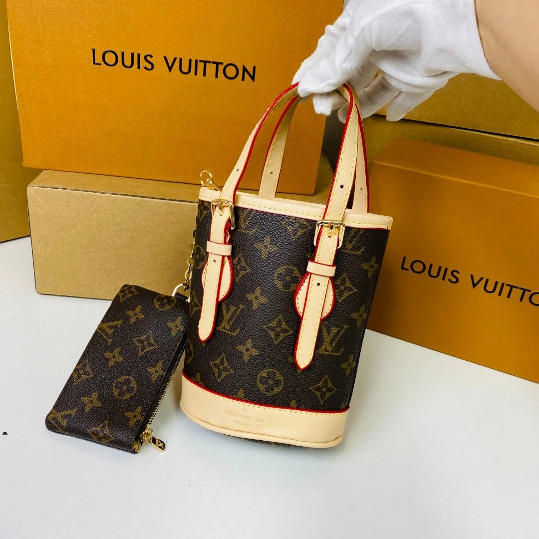 Louis Vuitton Monogram Bucket Bag with Red Trim and Matching Pouch Handbags