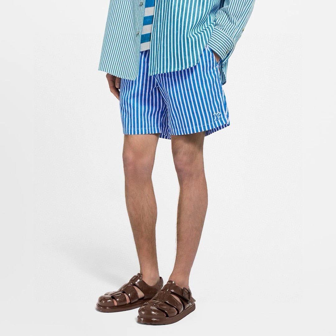 Blue vertical-striped printed beach shorts