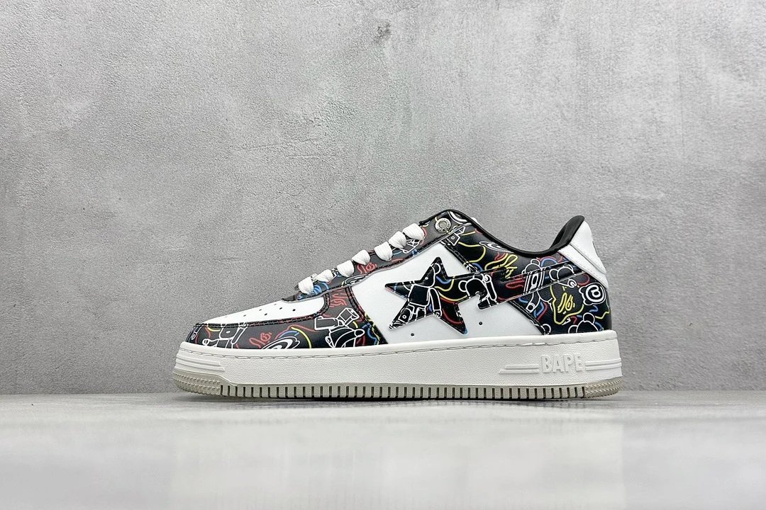 BAPE Street White Black Graffiti Star Leather Sneakers