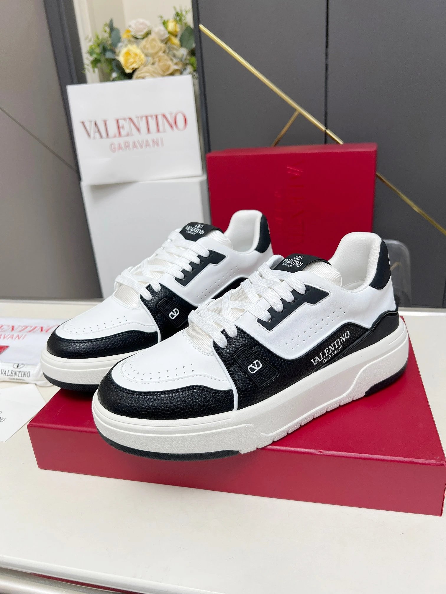 Valentino V Logo Black White Leather Sneakers Shoes