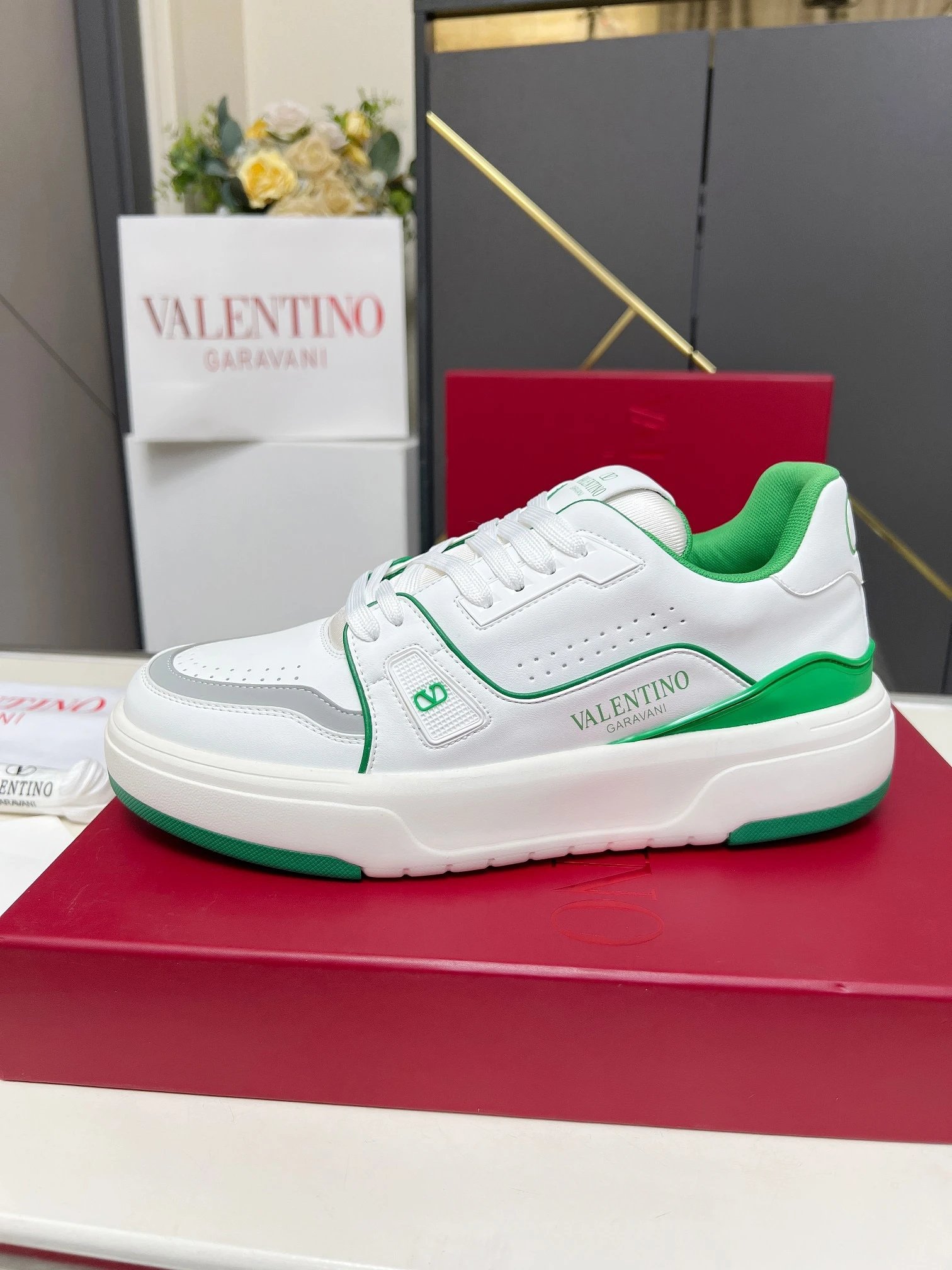 Valentino V Logo White Green Leather Sneakers