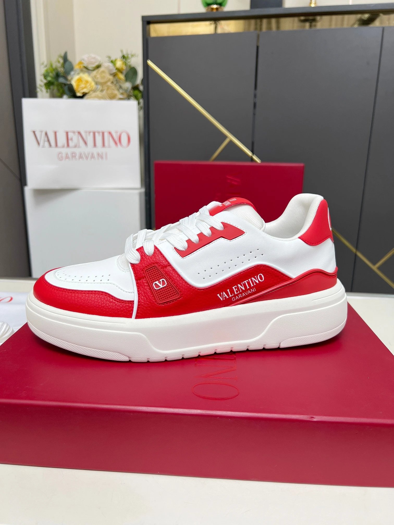 Valentino Garavani Red White Leather Unisex Sneakers Shoes