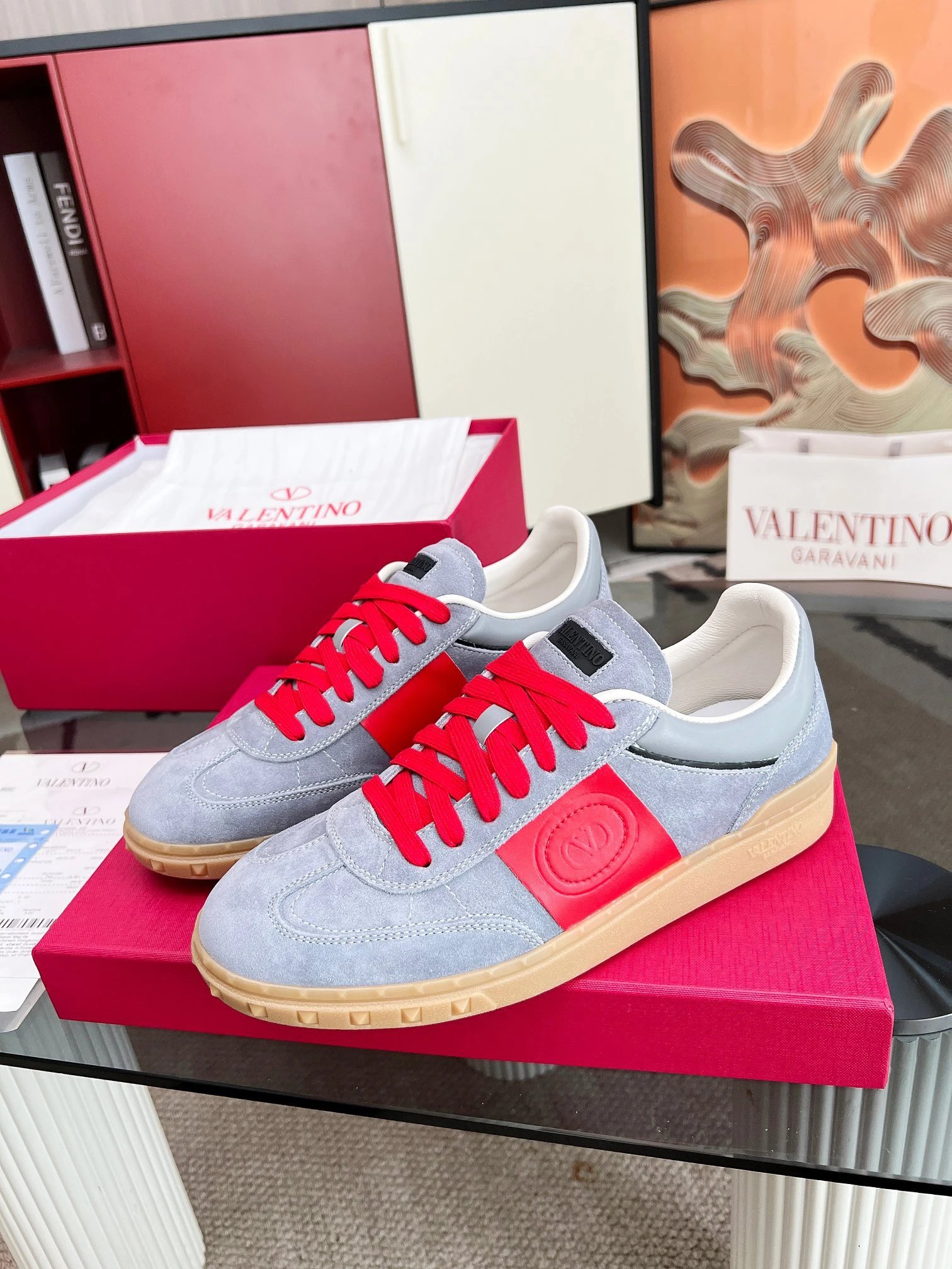 Valentino Grey Blue Red VLogo Sneakers