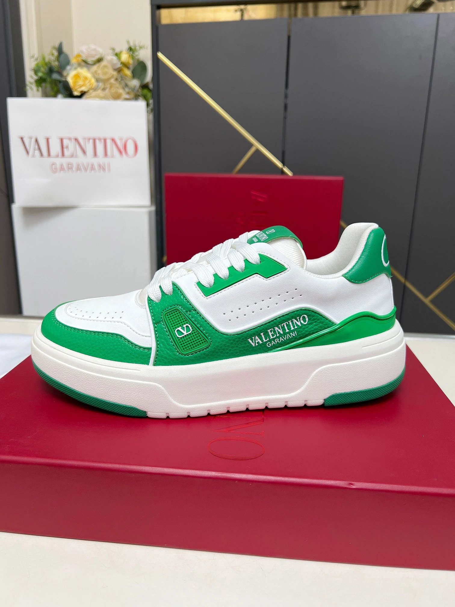 Valentino Garavani White Green VLogo Leather Sneakers