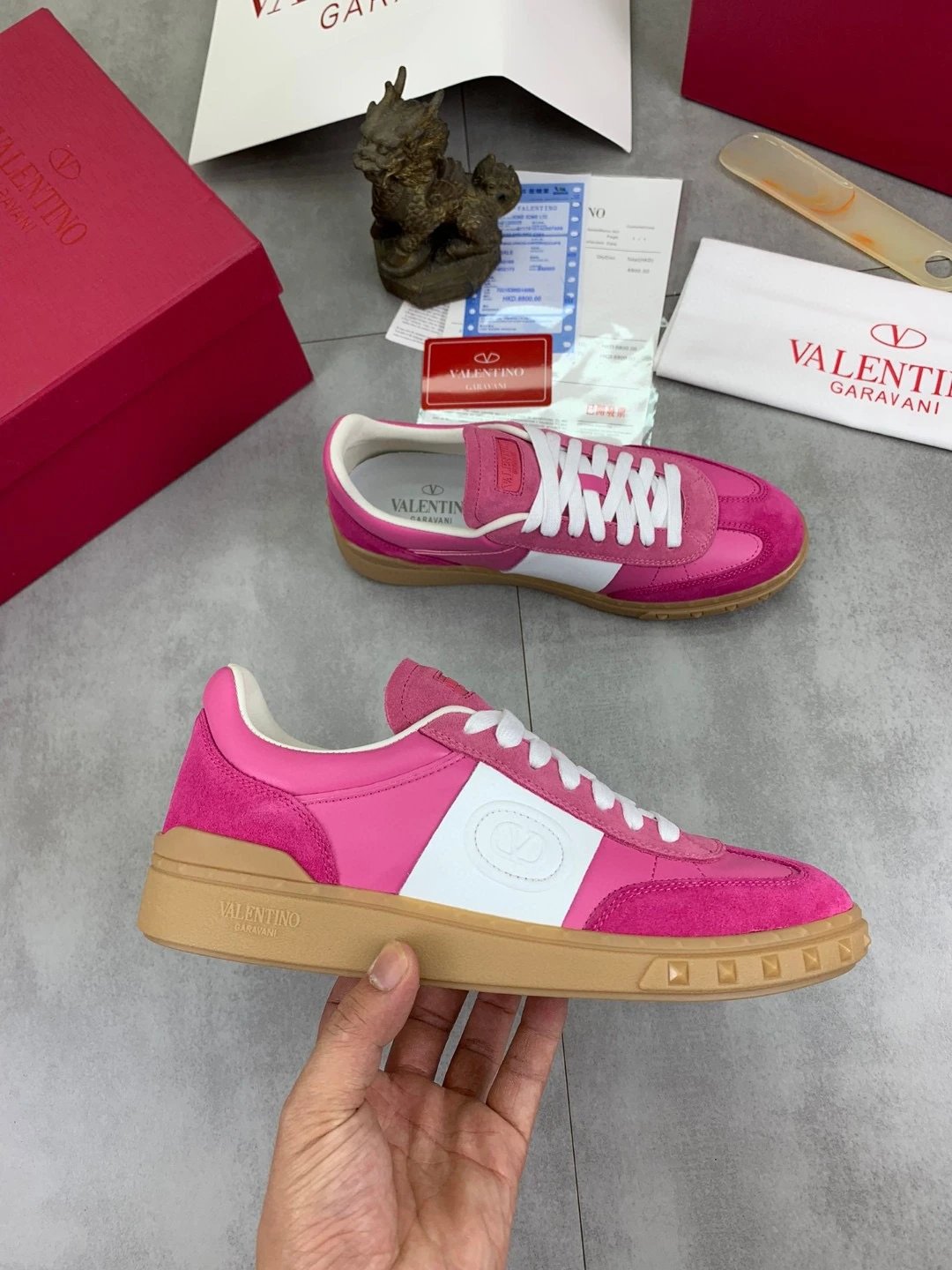 Valentino Pink White VLogo Leather Suede Unisex Sneakers