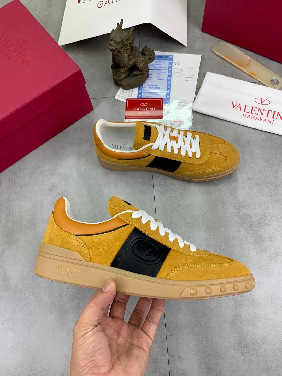 Valentino Retro Yellow Black Suede Stud Sneakers