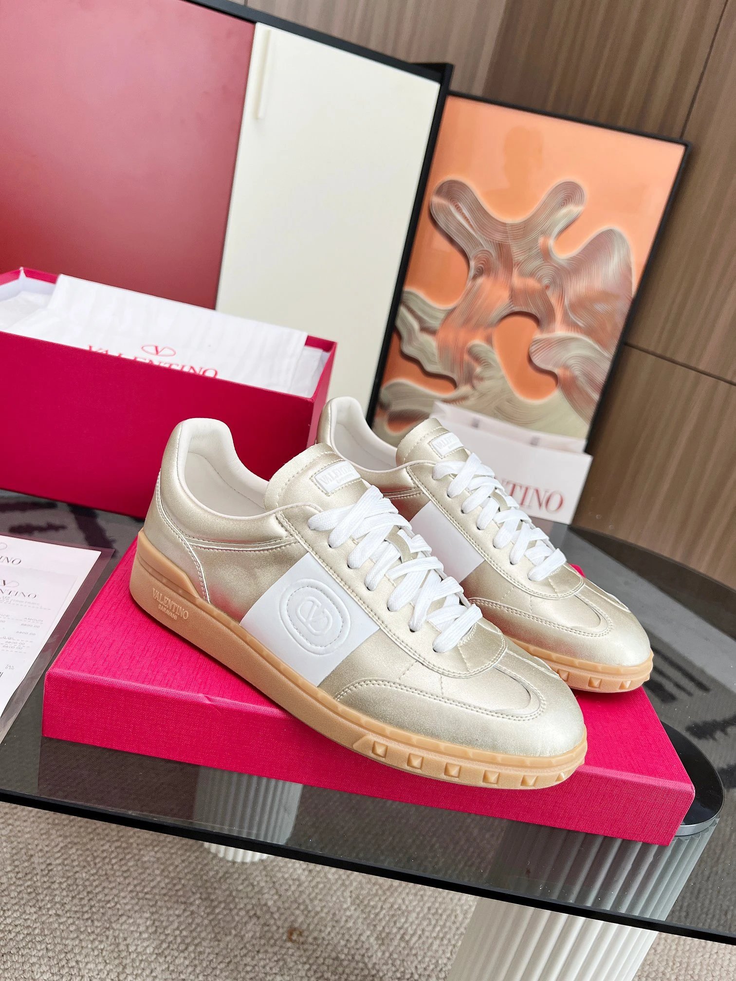 Valentino Gold V Logo Leather Low-Top Sneakers