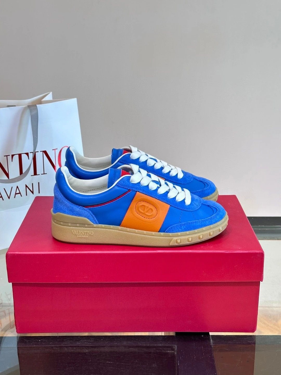 Valentino Blue Orange VLogo Suede Leather Sneakers