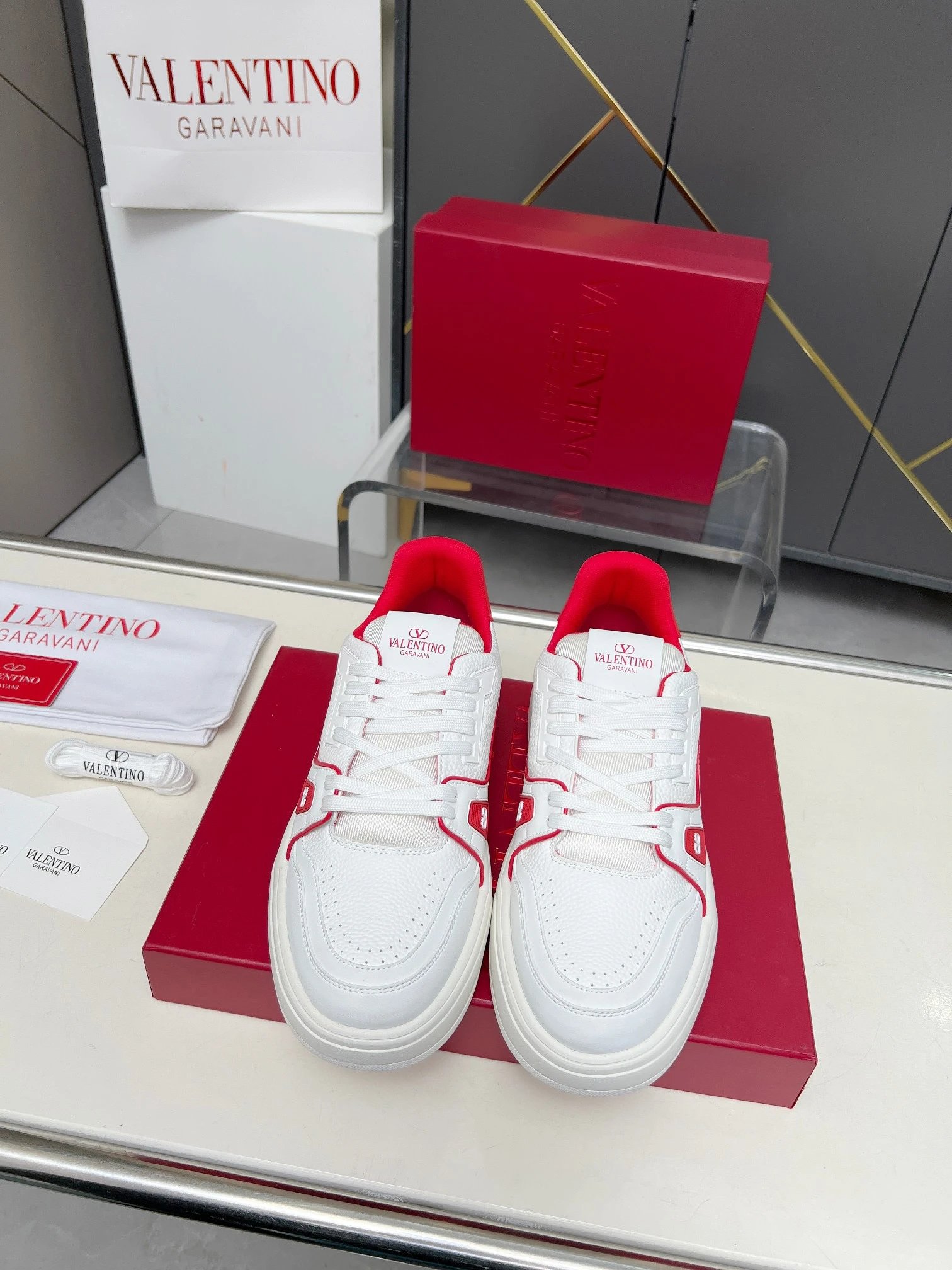 Valentino White Red Leather Unisex Sneakers Urban Style