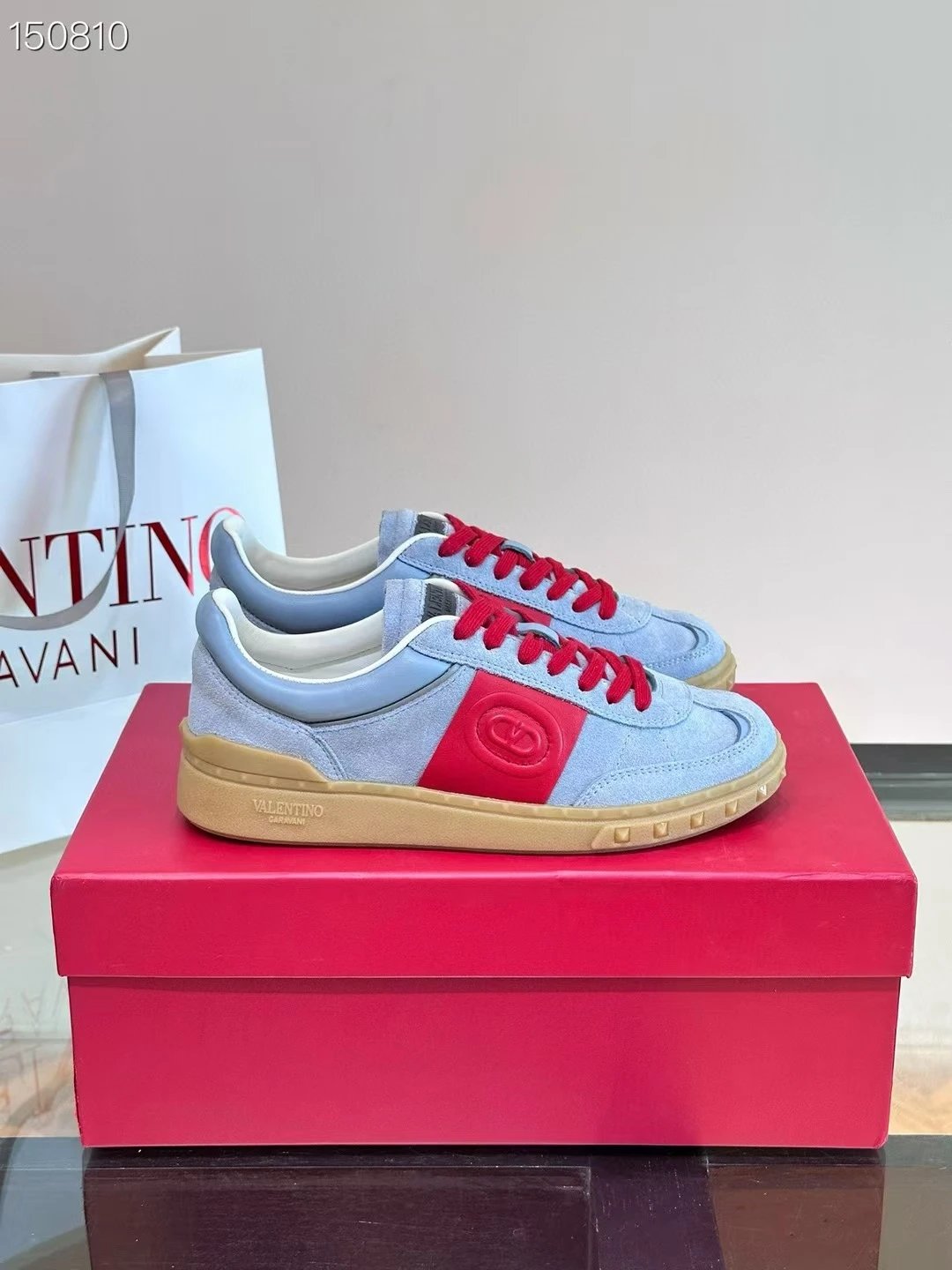 Valentino Blue Gray Red Suede VLogo Sneakers