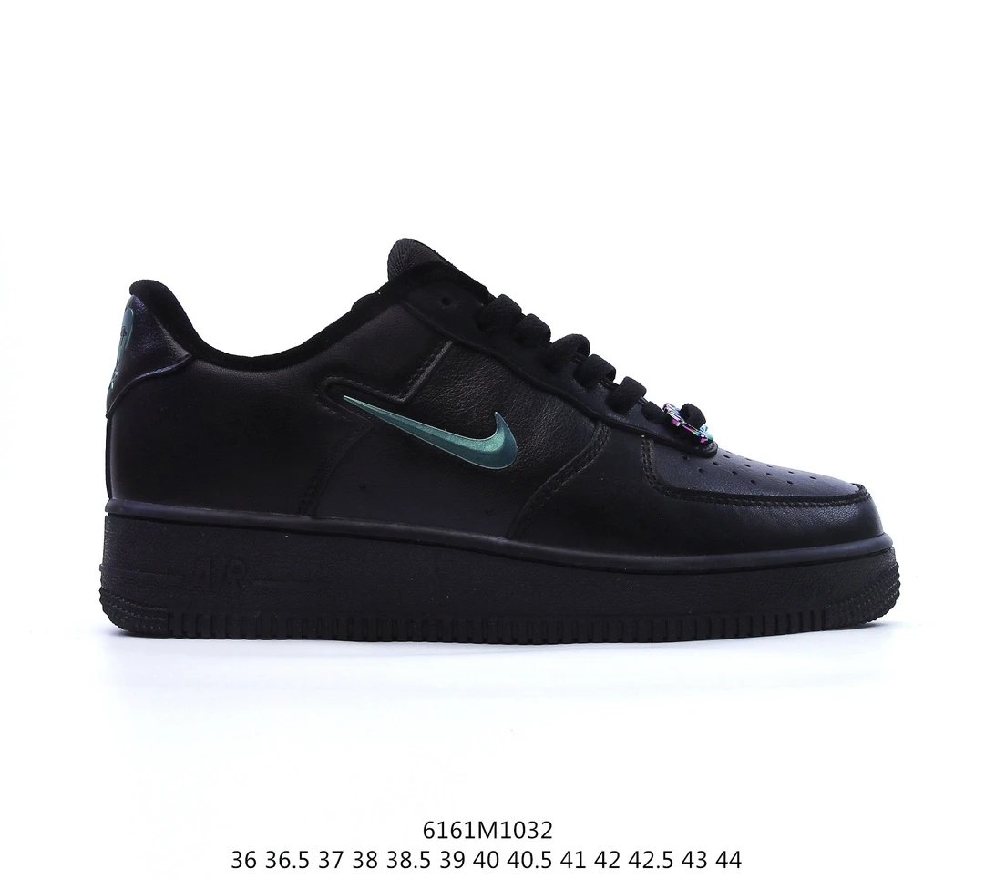 Nike Air Force 1 Black Leather Green Swoosh Sneakers