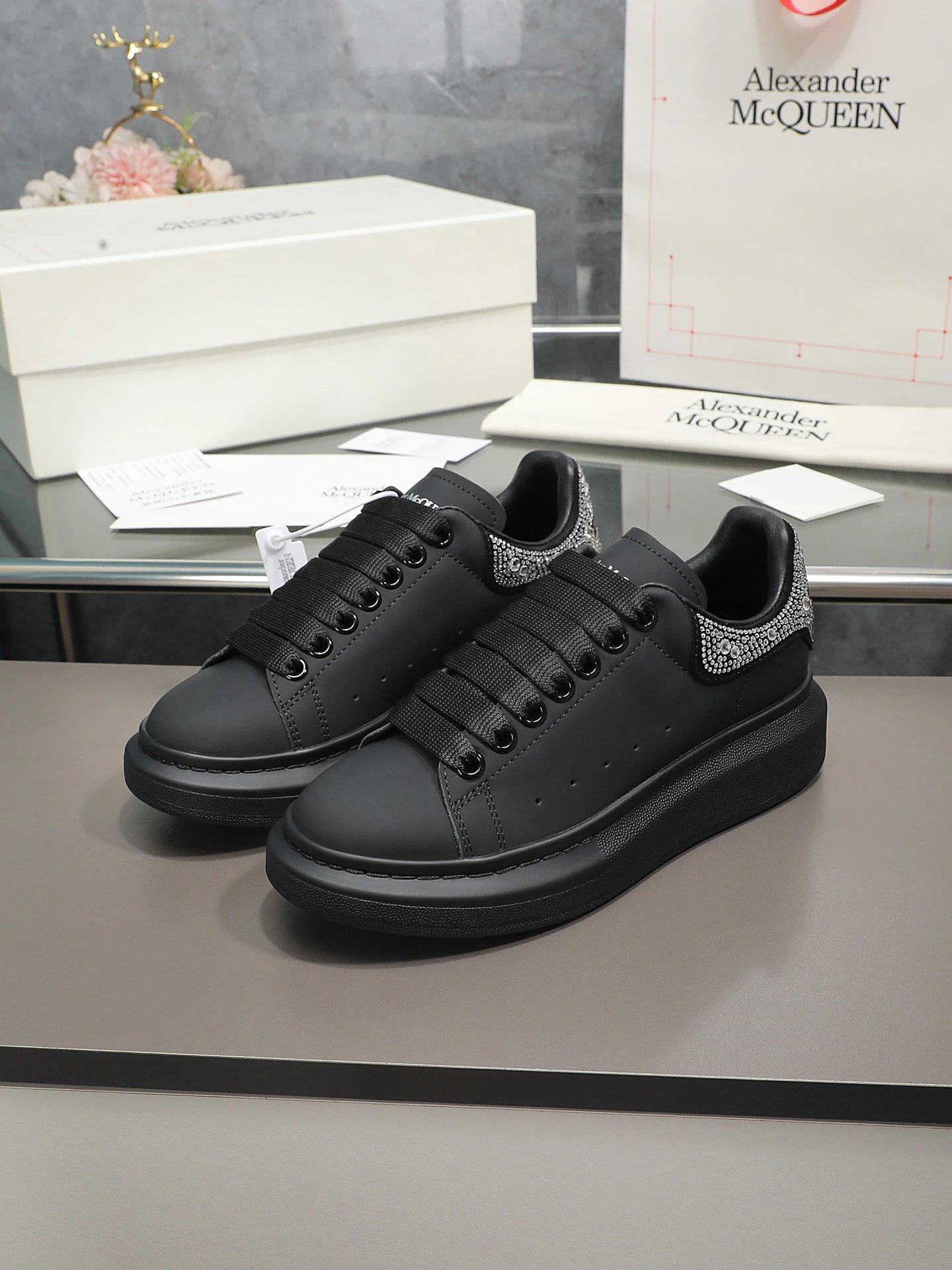 Alexander McQueen Black Leather Rhinestone Platform Sneakers