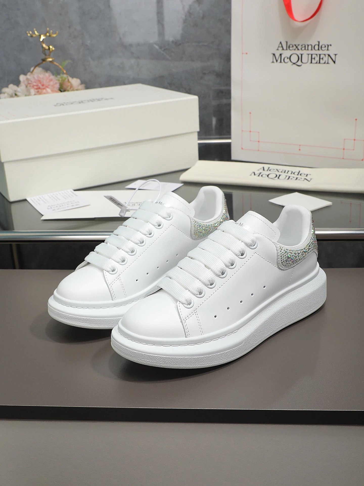 Alexander McQueen White Platform Rhinestone Heel Sneakers
