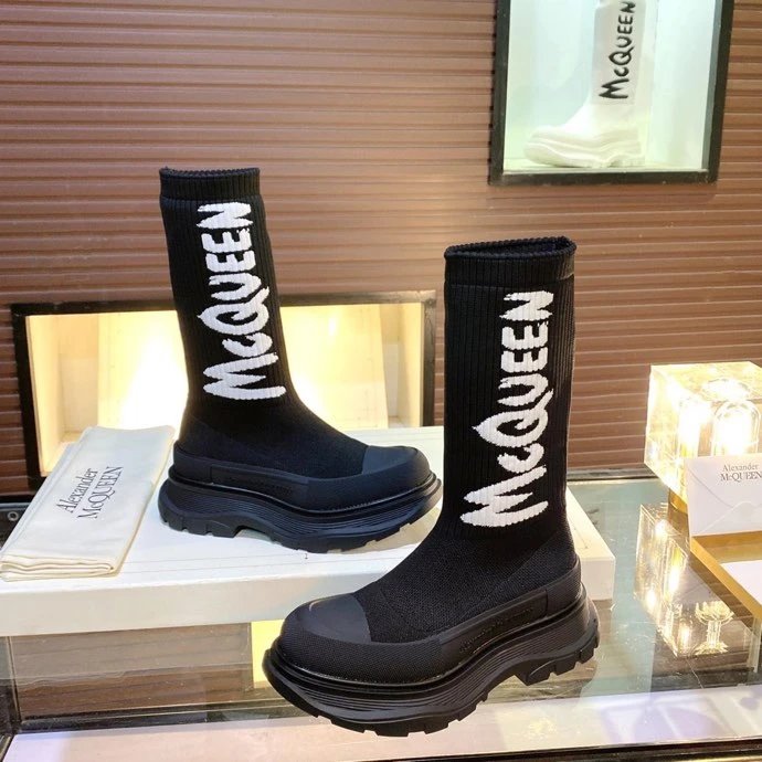 Alexander McQueen Black Knit Logo Sock Boots Chunky Sole