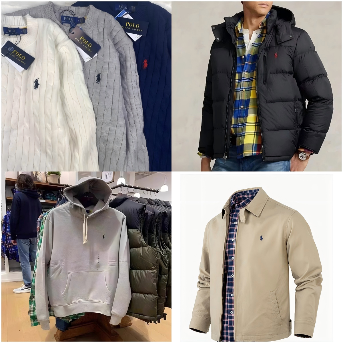 Ralph Lauren Black Puffer Jacket, Grey Cable Knit Sweater, Beige Harrington Jacket, Light Grey Hoodie