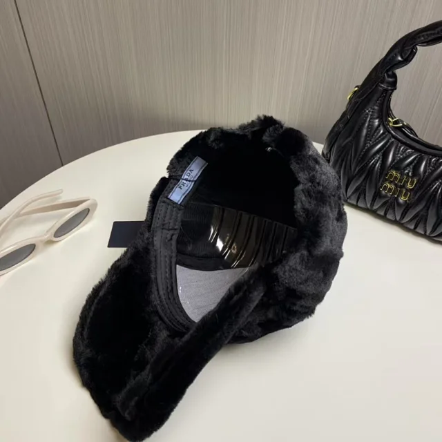 Prada Hats Faux-Fur Baseball Cap with Triangle Logo Plaque product detail image 7
