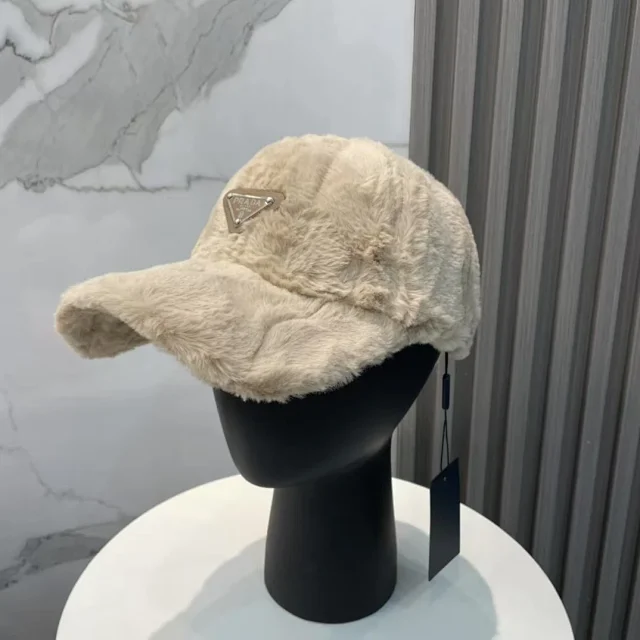 Prada Hats Faux-Fur Baseball Cap with Triangle Logo Plaque product detail image 3