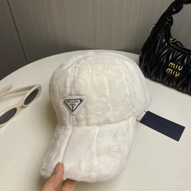 Prada Hats Faux-Fur Baseball Cap with Triangle Logo Plaque product detail image 12