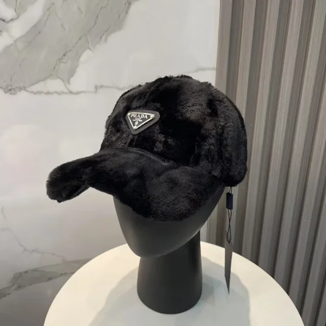 Prada Hats Faux-Fur Baseball Cap with Triangle Logo Plaque product detail image 2