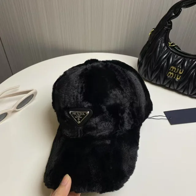 Prada Hats Faux-Fur Baseball Cap with Triangle Logo Plaque product detail image 5