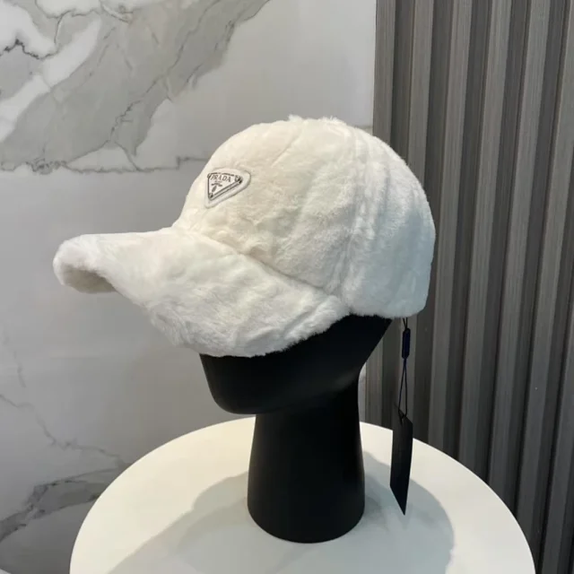 Prada Hats Faux-Fur Baseball Cap with Triangle Logo Plaque product detail image 4