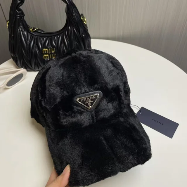 Prada Hats Faux-Fur Baseball Cap with Triangle Logo Plaque product detail image 9