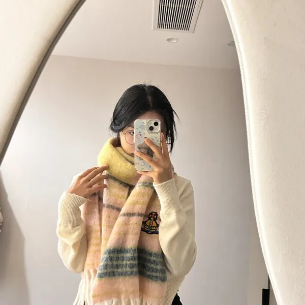 Vivienne Westwood Orb Logo Embroidered Cream Sweater with Pastel Plaid Scarf - 1