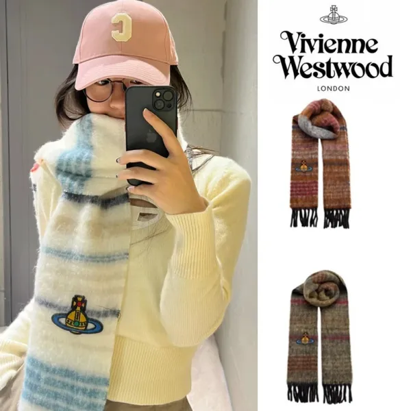 Vivienne Westwood Orb Logo Embroidered Cream Sweater with Pastel Plaid Scarf - 4
