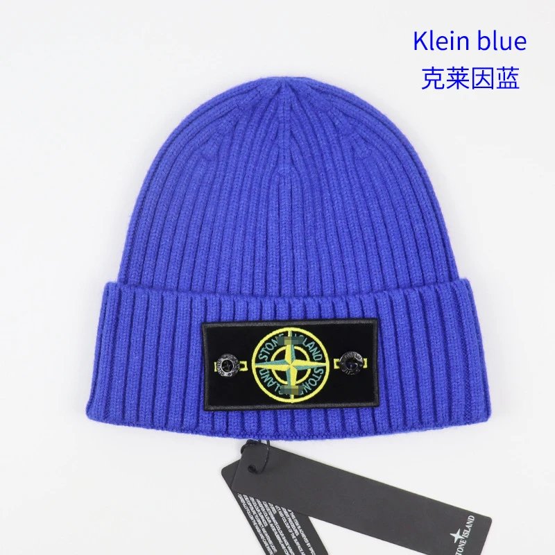 Stone Island Blue Ribbed Knit Beanie With Patch Logo