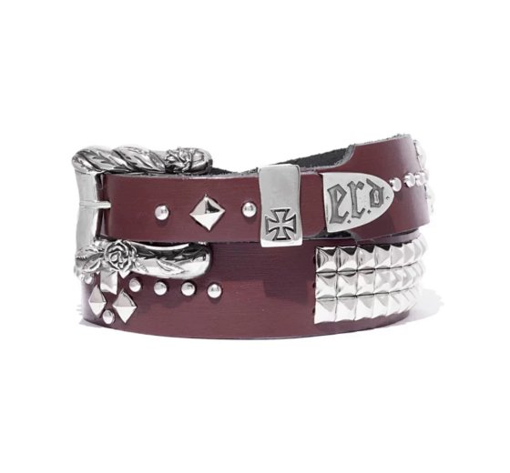 Melancholic wine red studded belts with rivets, used carved belts